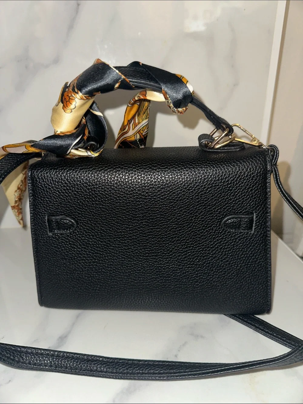 Black Structured Top-Handle Women's Crossbody Bag with Scarf Accent